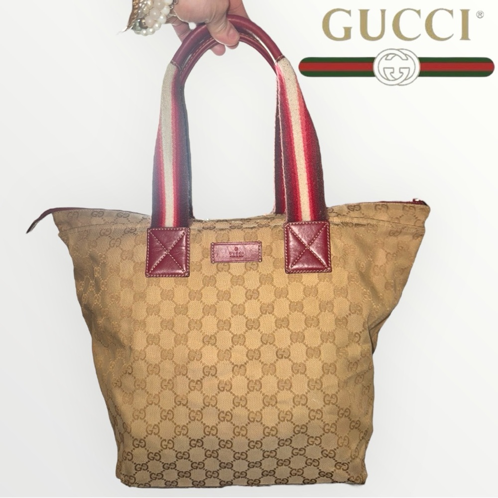 Gucci Tote Bag Sherry Line Cream Tan Gold and Red Monogram GG Supreme Zip Top - Picture 4 of 16
